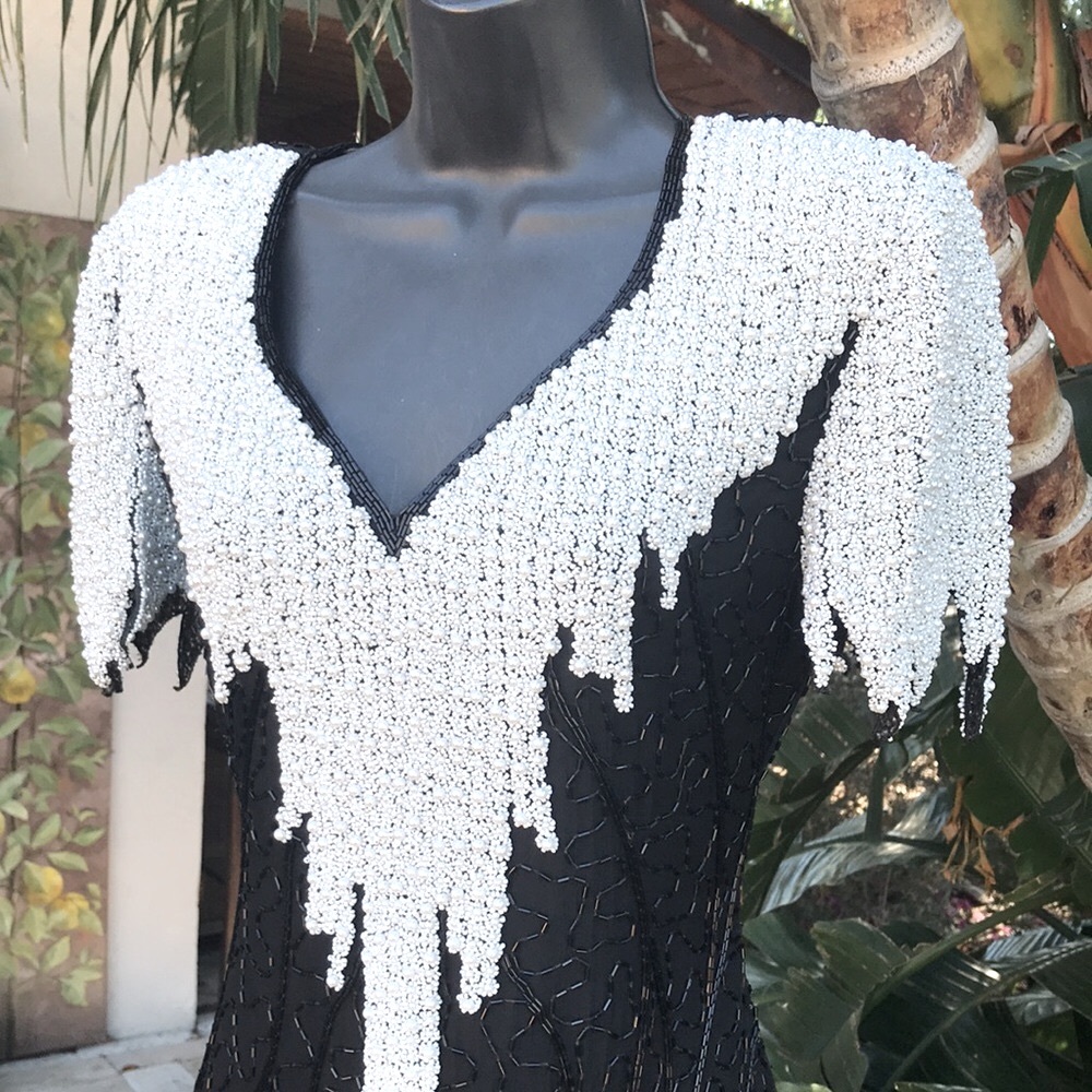 Vintage scala pearl power shoulders and beaded silk column gown